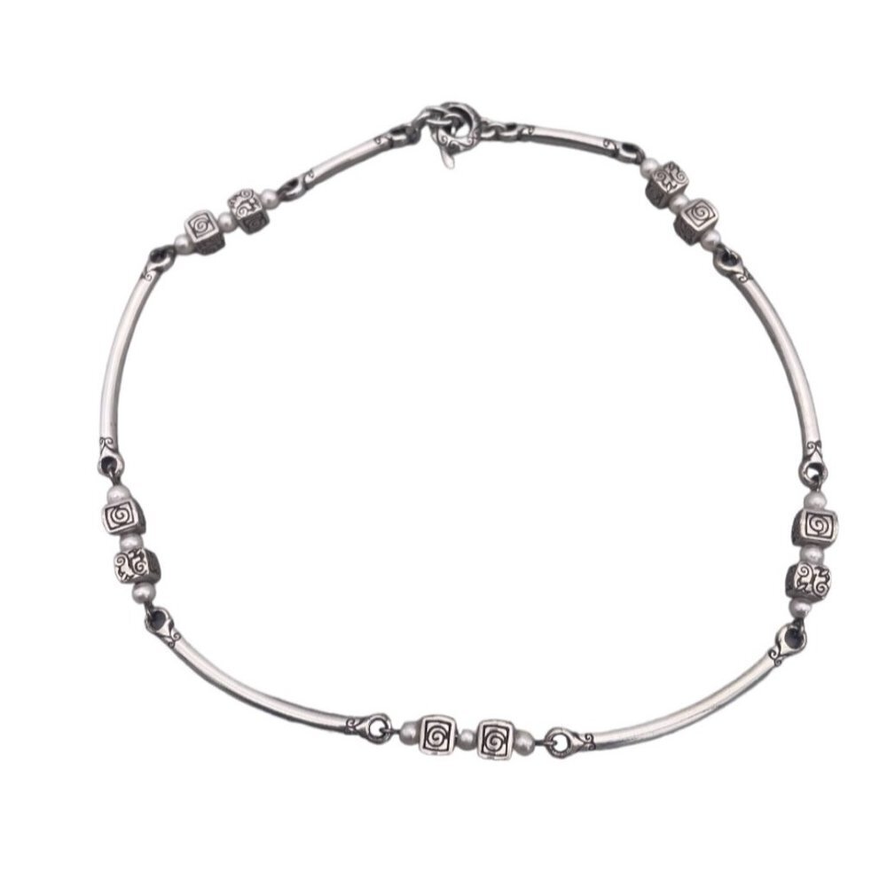 Brighton Detailed Beads with Pearl Long Curved Link Necklace Silver Tone 17 in